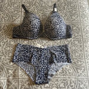 Navy and White Paisley Bra and Panty Set